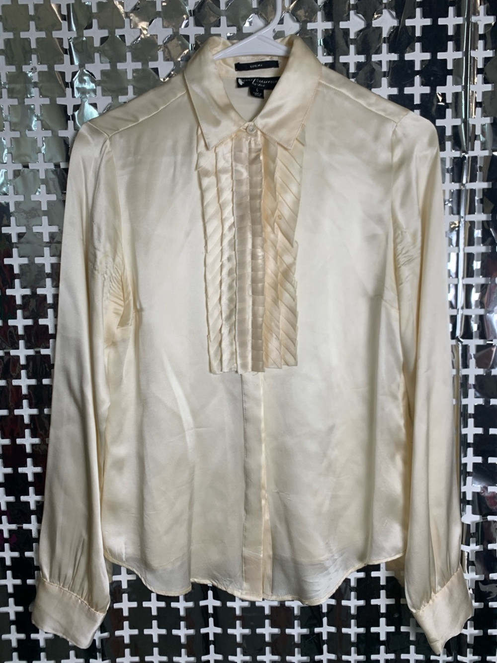 Behnaz Sarafpour Ivory Satin Pleated Bib Button-Down Blouse
